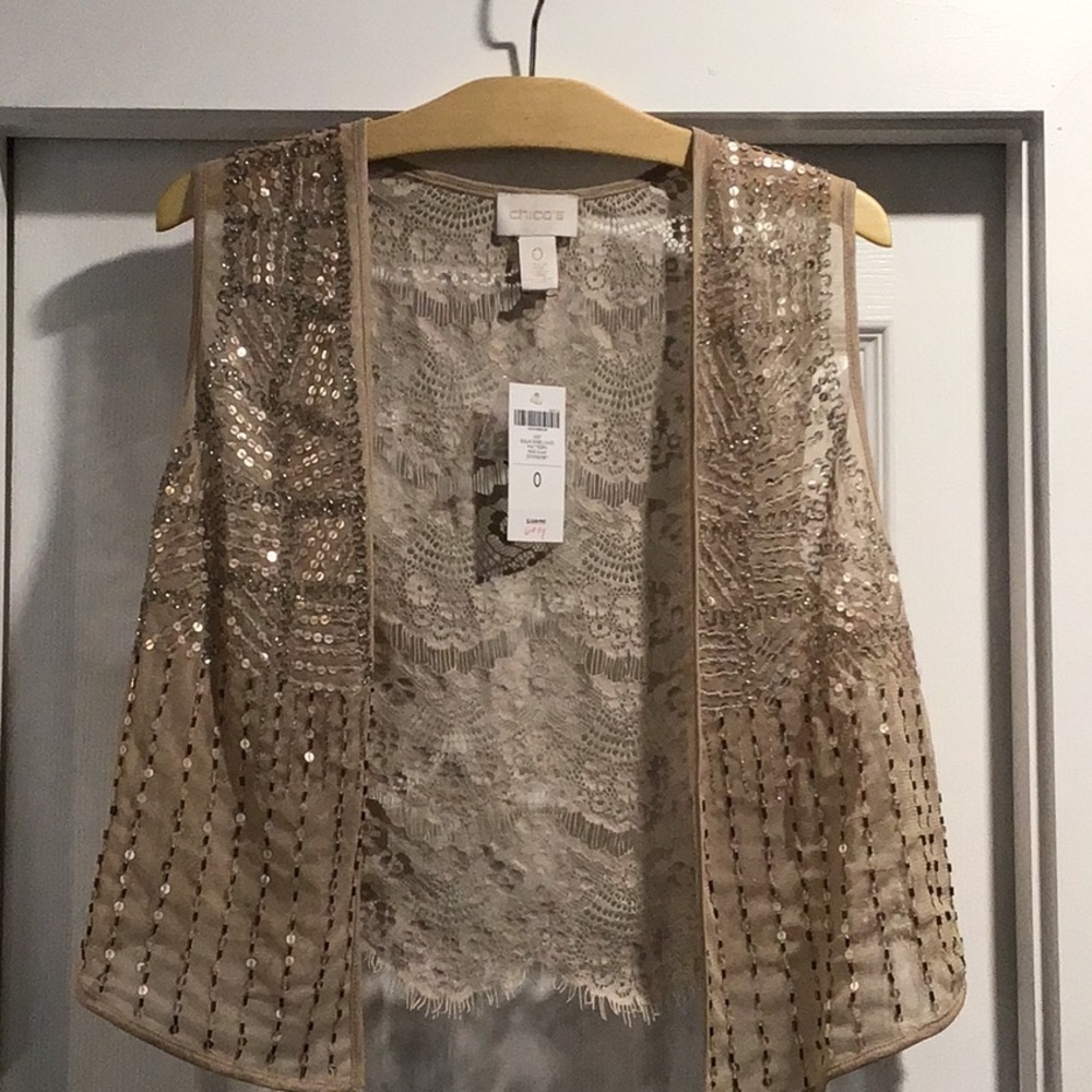Chico's sequin embellished lace vest size 0, Khaki color